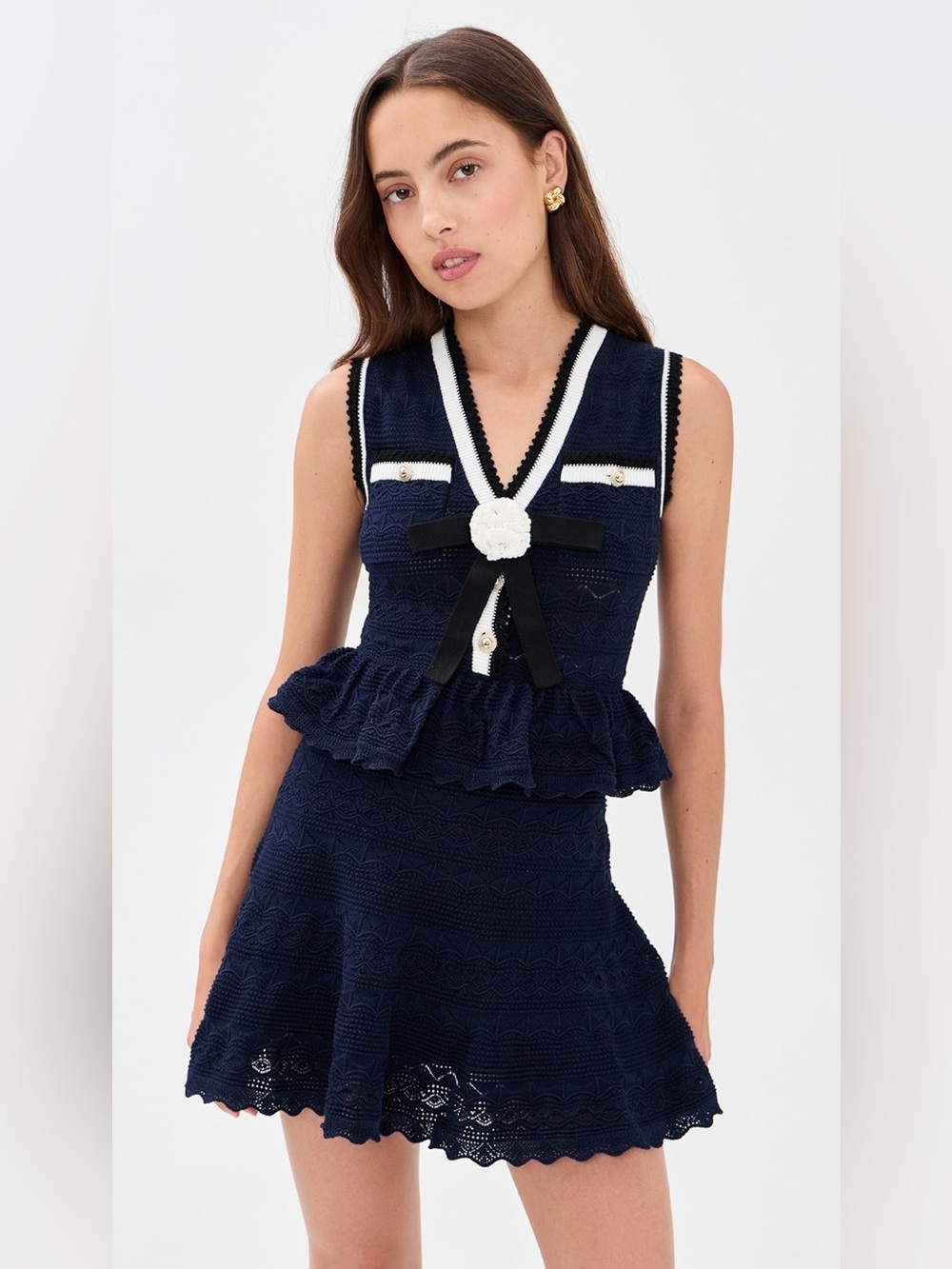 NWOT Self-Portrait Navy Peplum Pointelle Knit Mini Dress, Size M